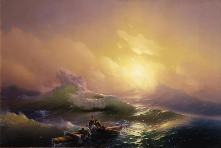 A Romantic seascape with a small vessel beneath luminous waves.