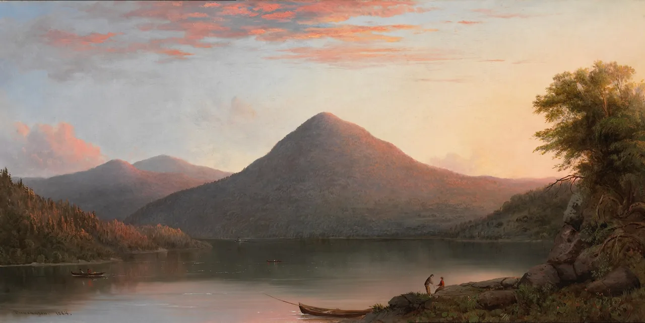 A Romantic painting of a still mountain lake at sunset.