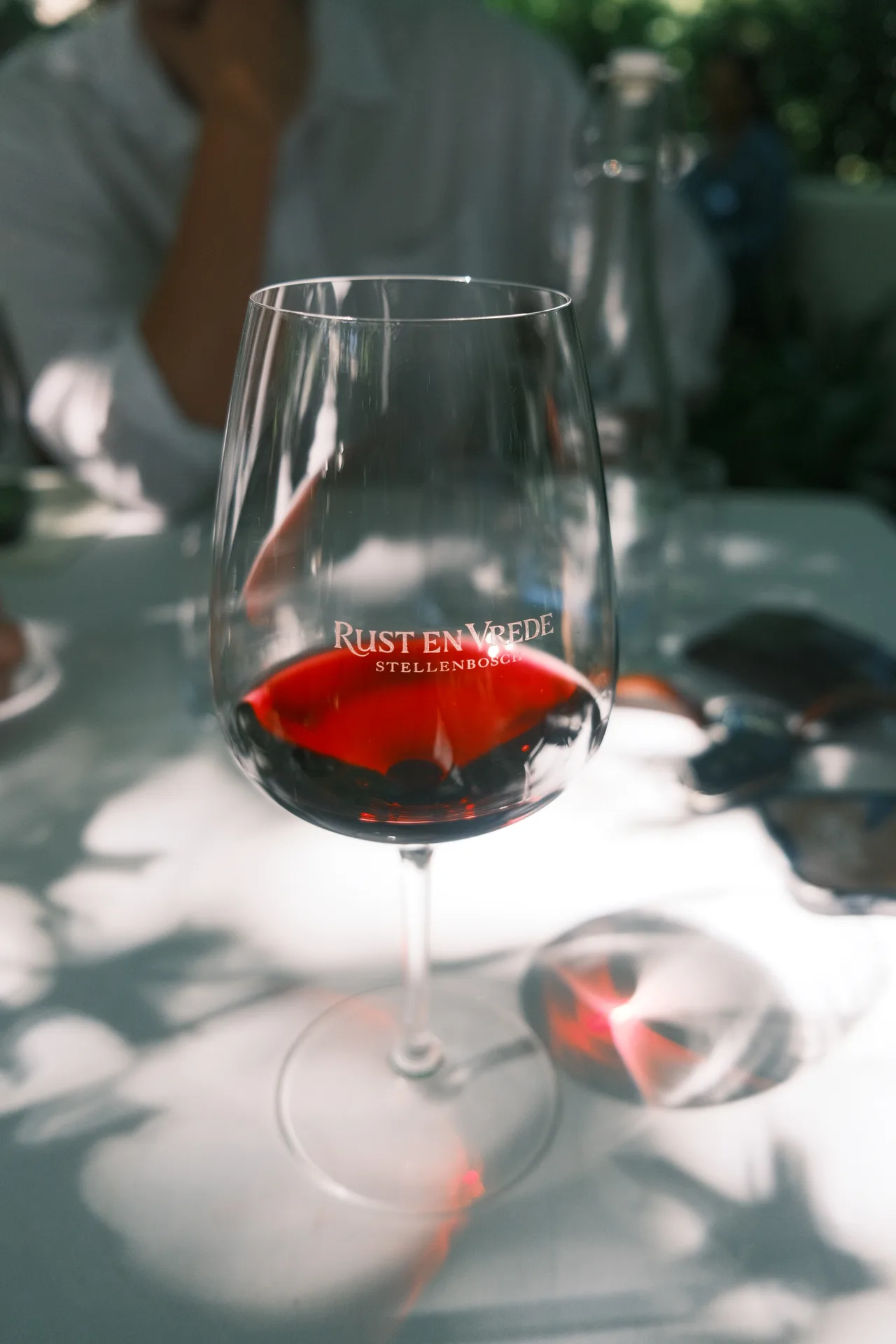 A glass of red wine catching dappled afternoon light.
